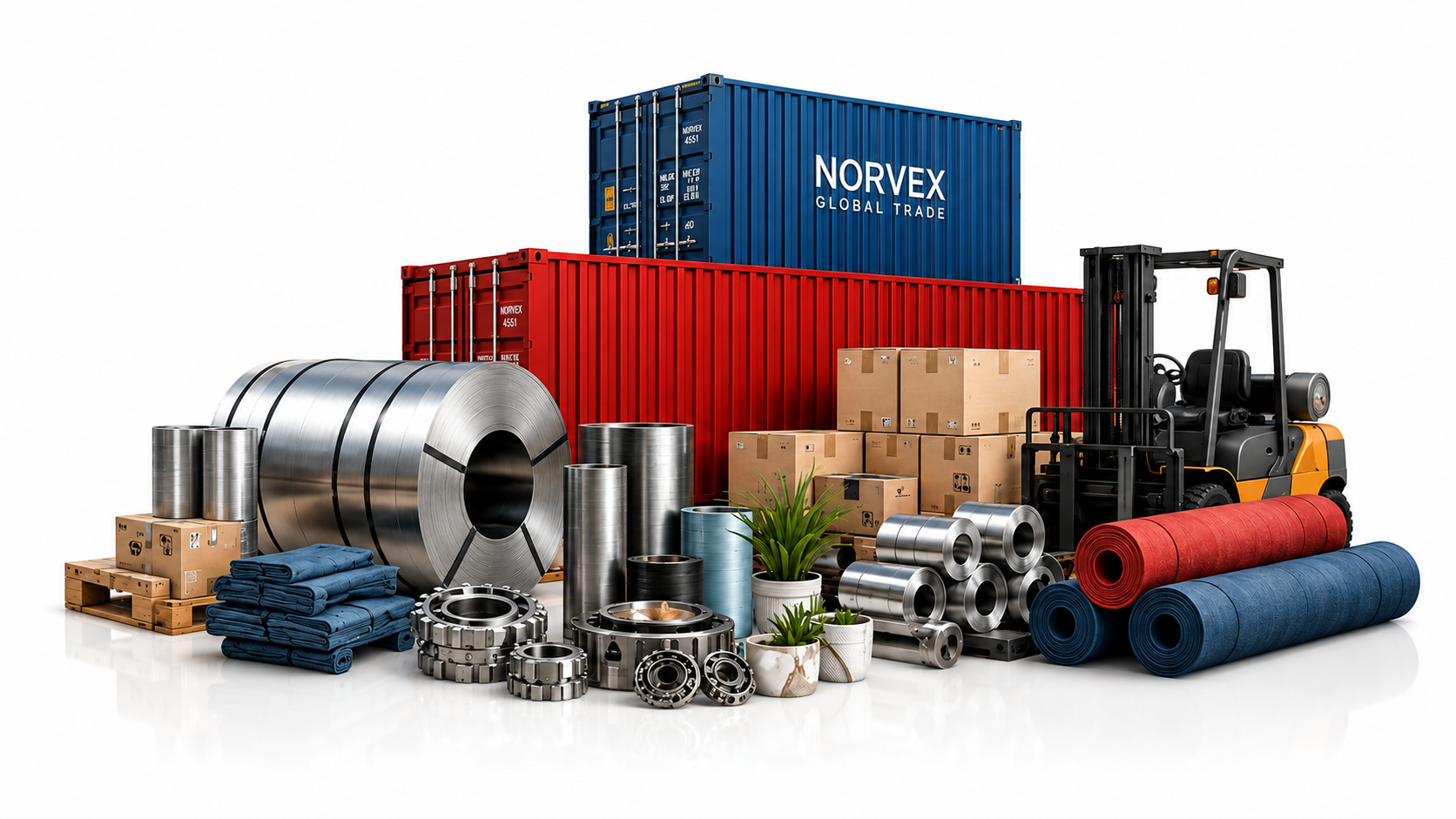 Containers, forklift, raw materials, textiles and industrial goods