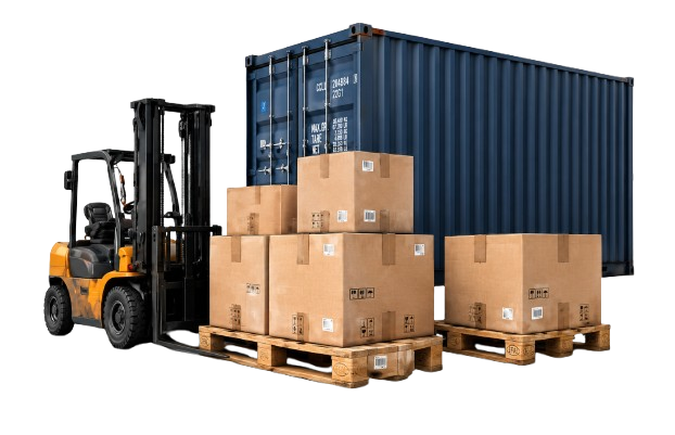 Forklift, shipping container and boxes