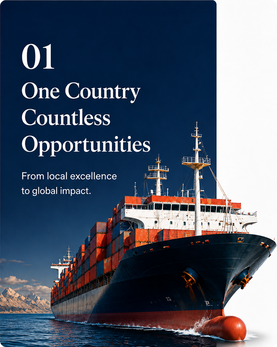 One Country. Countless Opportunities cargo ship visual